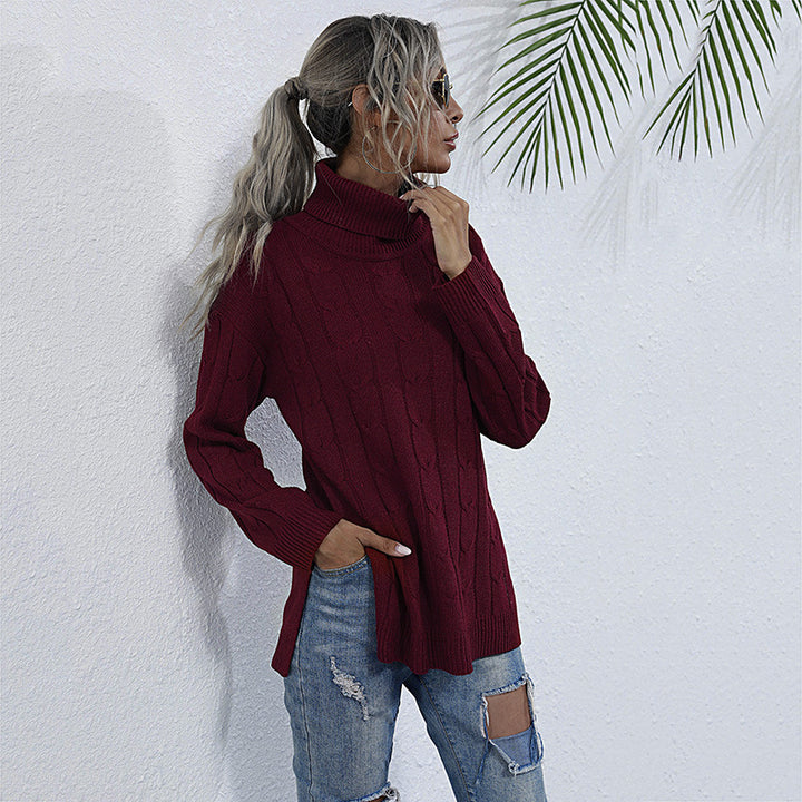 Damen Grobstrick Pullover mit Stehkragen Drune