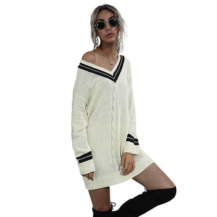 Damen Strickkleid mit V-Ausschnitt und Taillengürtel Drune