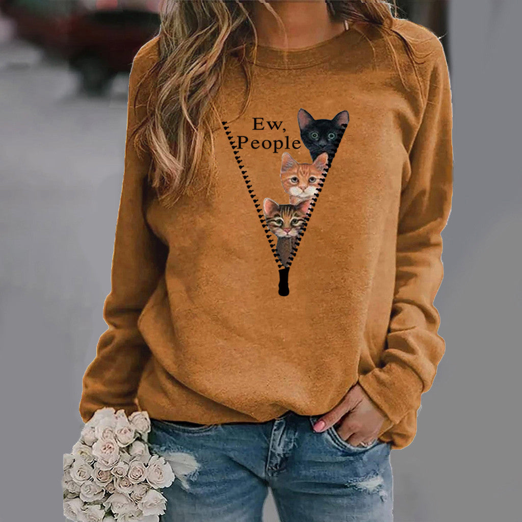 Drune | Rundhals Sweatshirt - Lockere Passform - Katzen Grafik - Weicher Baumwollmix