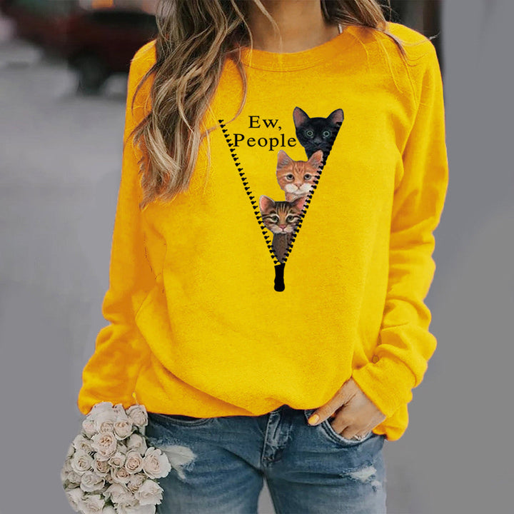 Drune | Rundhals Sweatshirt - Lockere Passform - Katzen Grafik - Weicher Baumwollmix