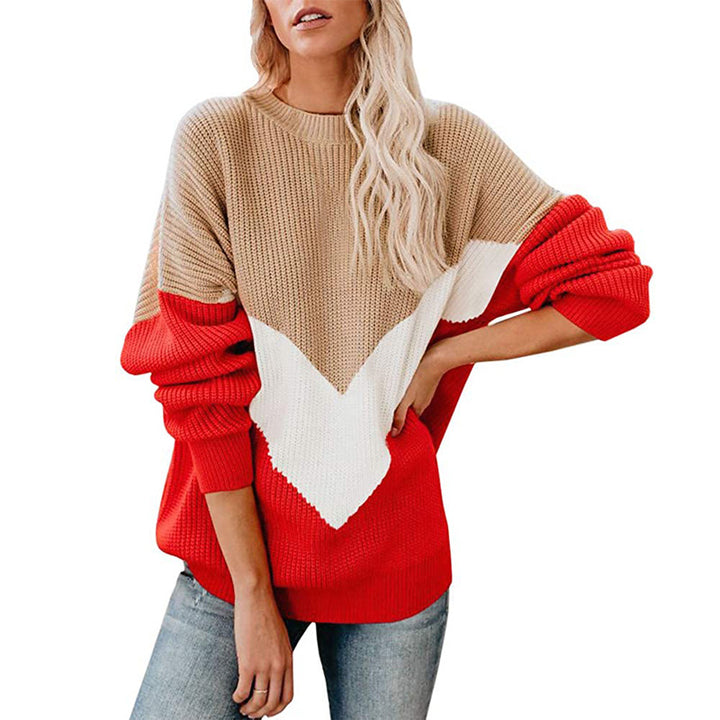 Damen Grobstrickpullover mit V-förmigem Farbdesign Drune
