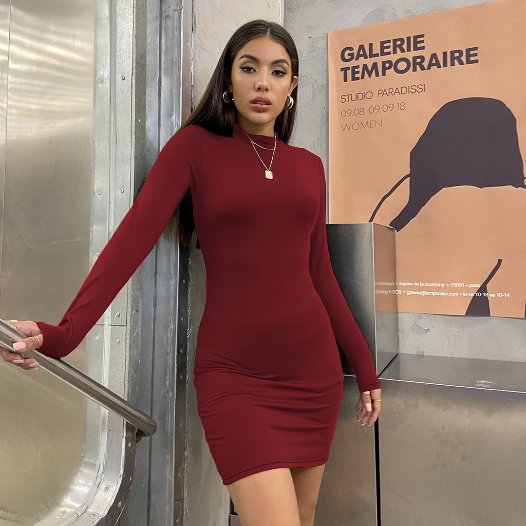 Damen Figurbetontes Langarmkleid mit hohem Kragen Drune