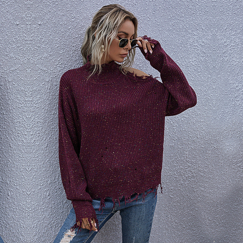 Damen lockerer Strickpullover mit asymmetrischem Saum und transparentem Cut-Out Drune