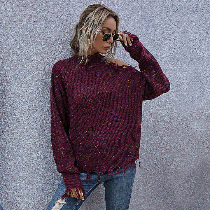 Damen lockerer Strickpullover mit asymmetrischem Saum und transparentem Cut-Out Drune