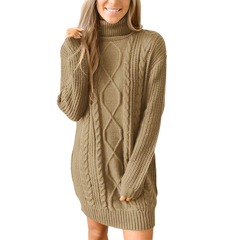 Damen Grobstrick Pulloverkleid mit traumhaftem Zopfmuster und hohem Kragen Drune