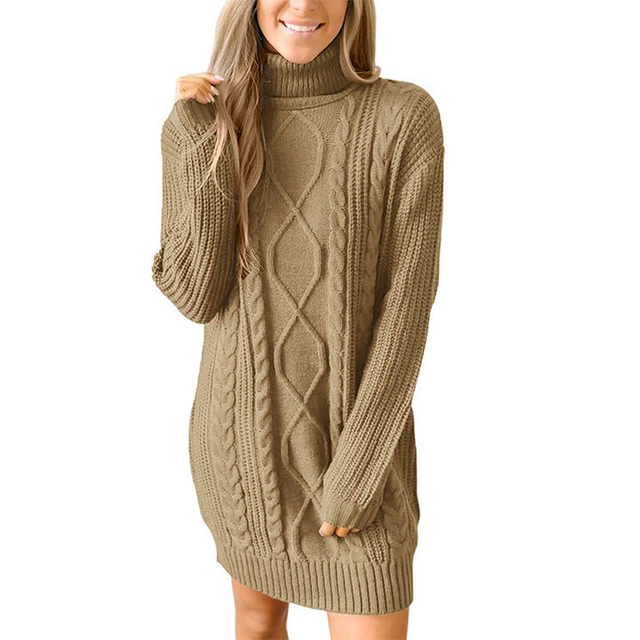 Damen Grobstrick Pulloverkleid mit traumhaftem Zopfmuster und hohem Kragen Drune
