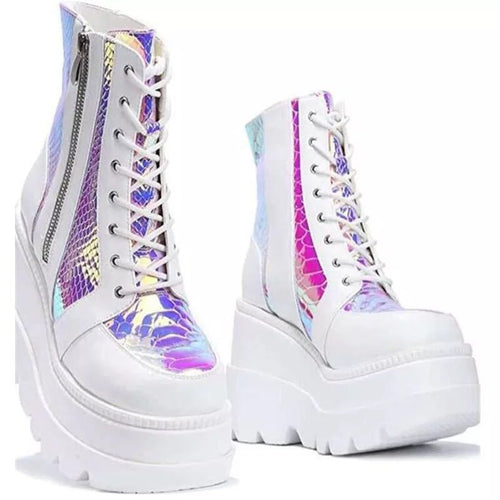 Damen Hochformatige Plateau-Schnürstiefel mit Kunstleder und reflektierenden Akzenten Drune