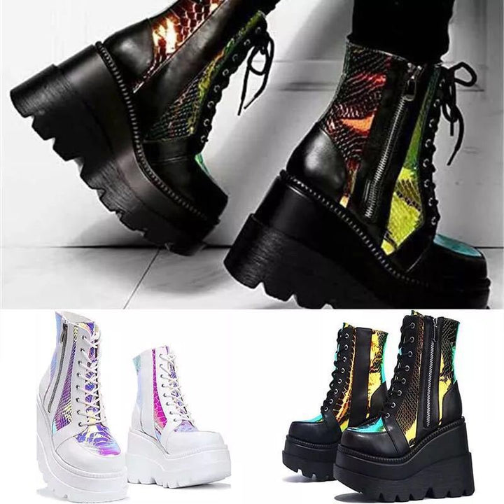 Damen Hochformatige Plateau-Schnürstiefel mit Kunstleder und reflektierenden Akzenten Drune