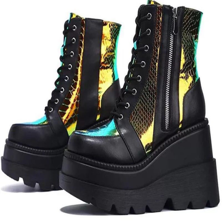 Damen Hochformatige Plateau-Schnürstiefel mit Kunstleder und reflektierenden Akzenten Drune