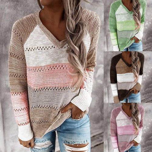Damen Strickpullover mit V-Ausschnitt und zarten Lochmustern Drune