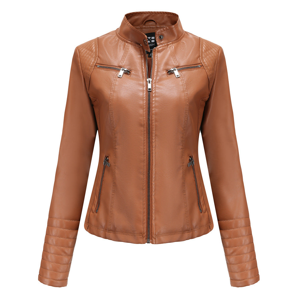 Damen nan taillierte Bikerjacke aus Kunstleder mit Stehkragen und gesteppter Ärmelpartie Drune