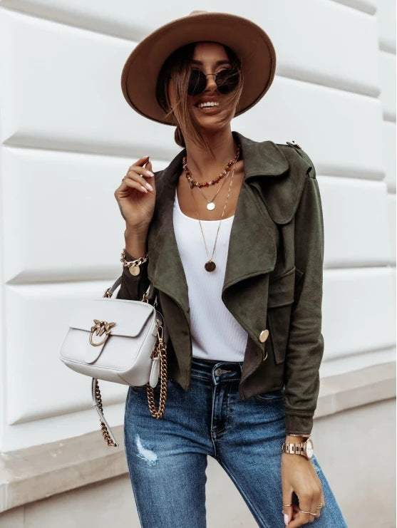 Damen Bikerjacke aus weichem Wildlederimitat mit stylishen Metallknöpfen und praktischen Taschen Drune