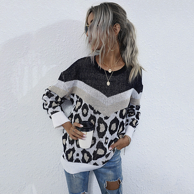 Damen modischer Strickpullover mit Leopardenmuster und grafischem Design Drune