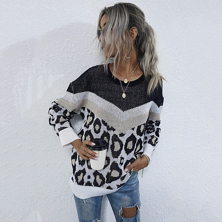 Damen modischer Strickpullover mit Leopardenmuster und grafischem Design Drune