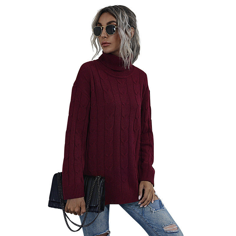 Damen Grobstrick Pullover mit Stehkragen Drune
