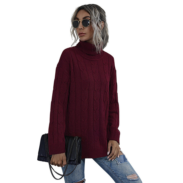Damen Grobstrick Pullover mit Stehkragen Drune