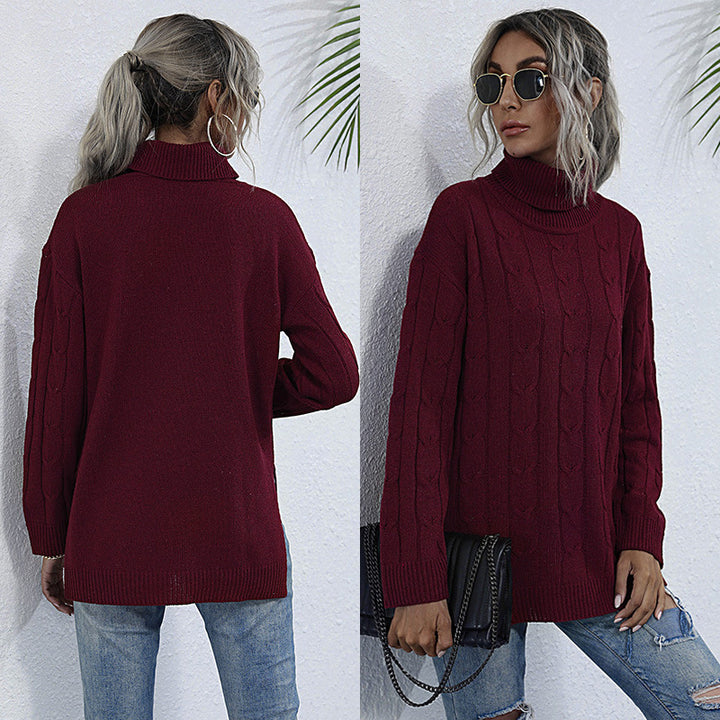 Damen Grobstrick Pullover mit Stehkragen Drune