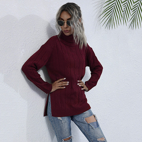 Damen Grobstrick Pullover mit Stehkragen Drune