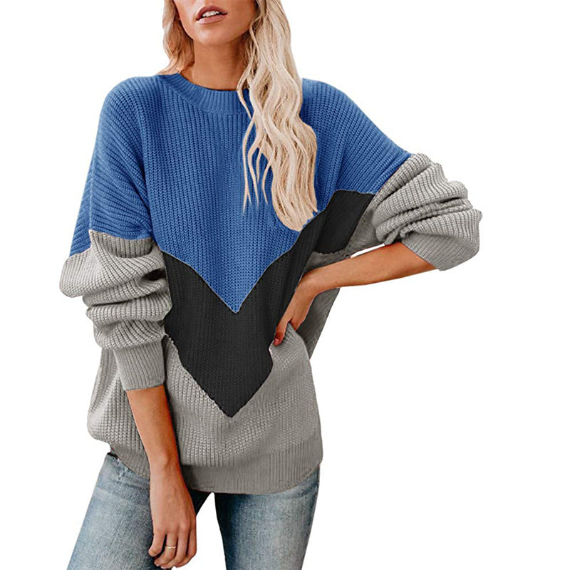 Damen Grobstrickpullover mit V-förmigem Farbdesign Drune