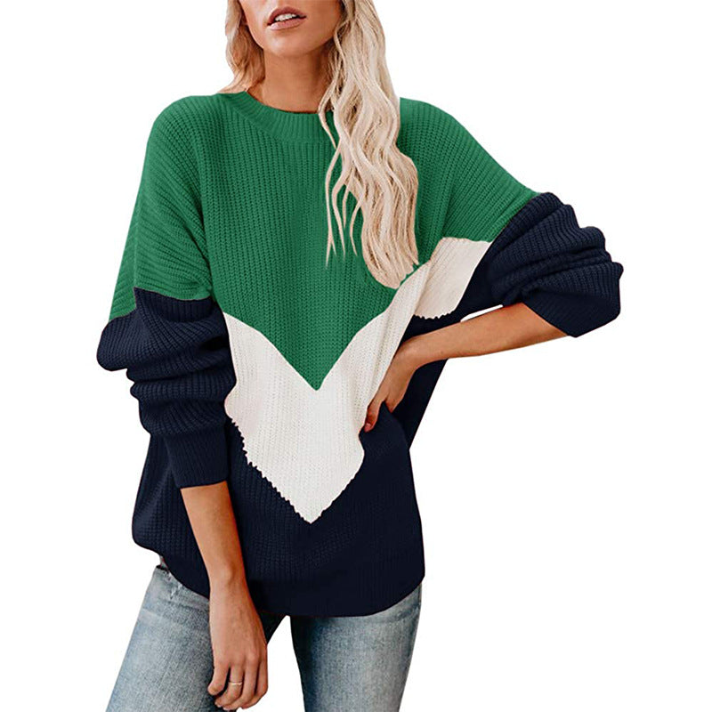 Damen Grobstrickpullover mit V-förmigem Farbdesign Drune