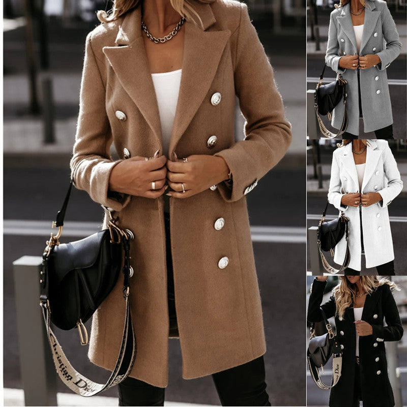 Damen Eleganter und warmer Wollmantel mit doppelter Knopfreihe Drune