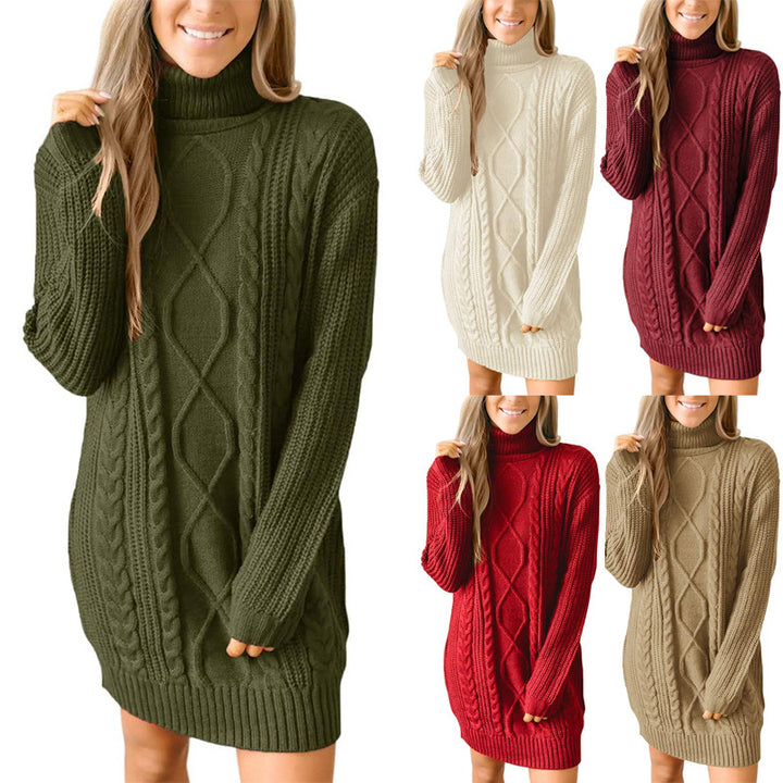 Damen Grobstrick Pulloverkleid mit traumhaftem Zopfmuster und hohem Kragen Drune