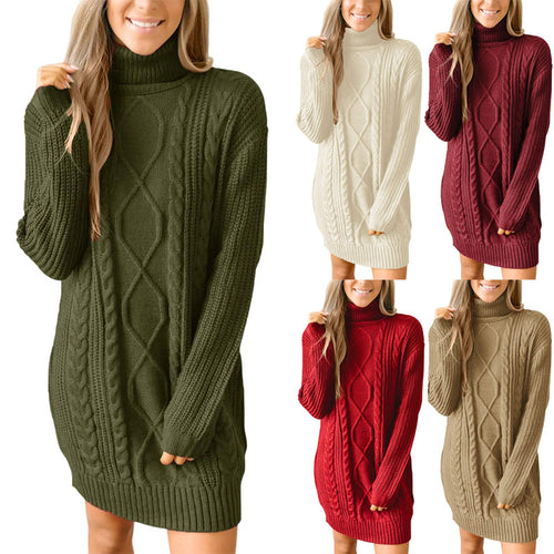 Damen Grobstrick Pulloverkleid mit traumhaftem Zopfmuster und hohem Kragen Drune