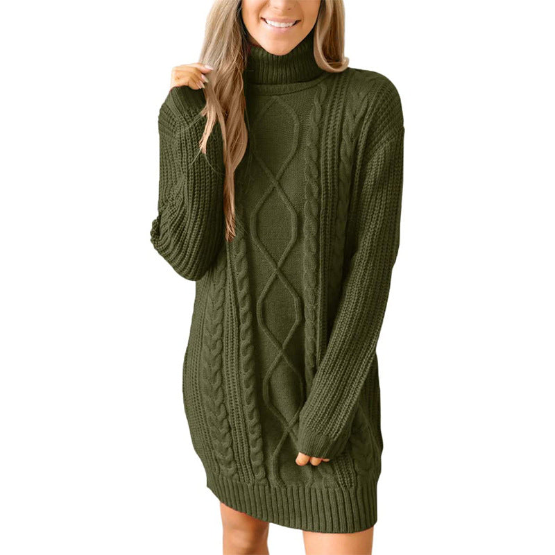 Damen Grobstrick Pulloverkleid mit traumhaftem Zopfmuster und hohem Kragen Drune