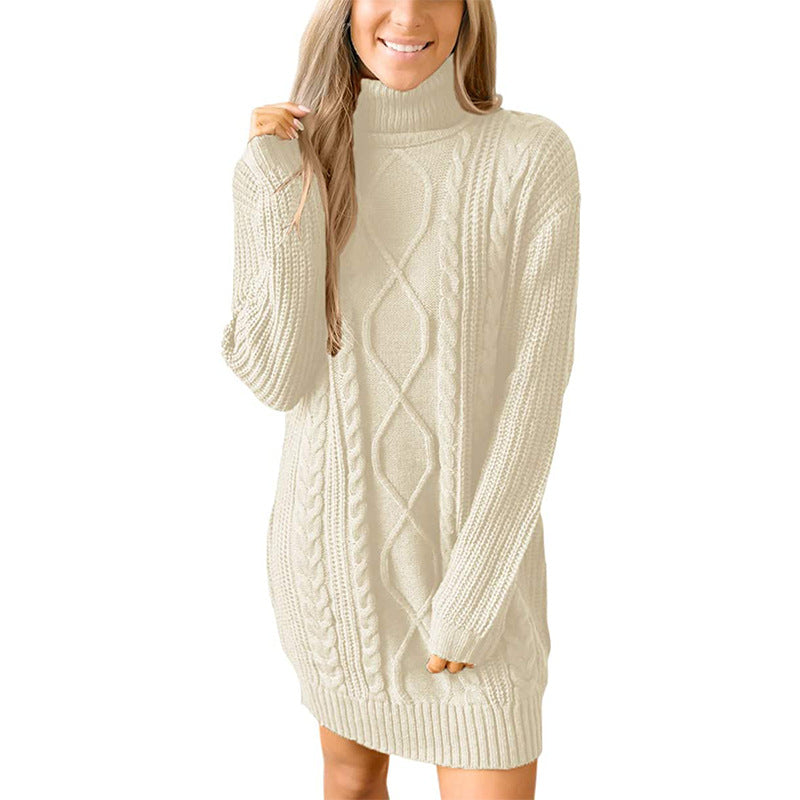 Damen Grobstrick Pulloverkleid mit traumhaftem Zopfmuster und hohem Kragen Drune