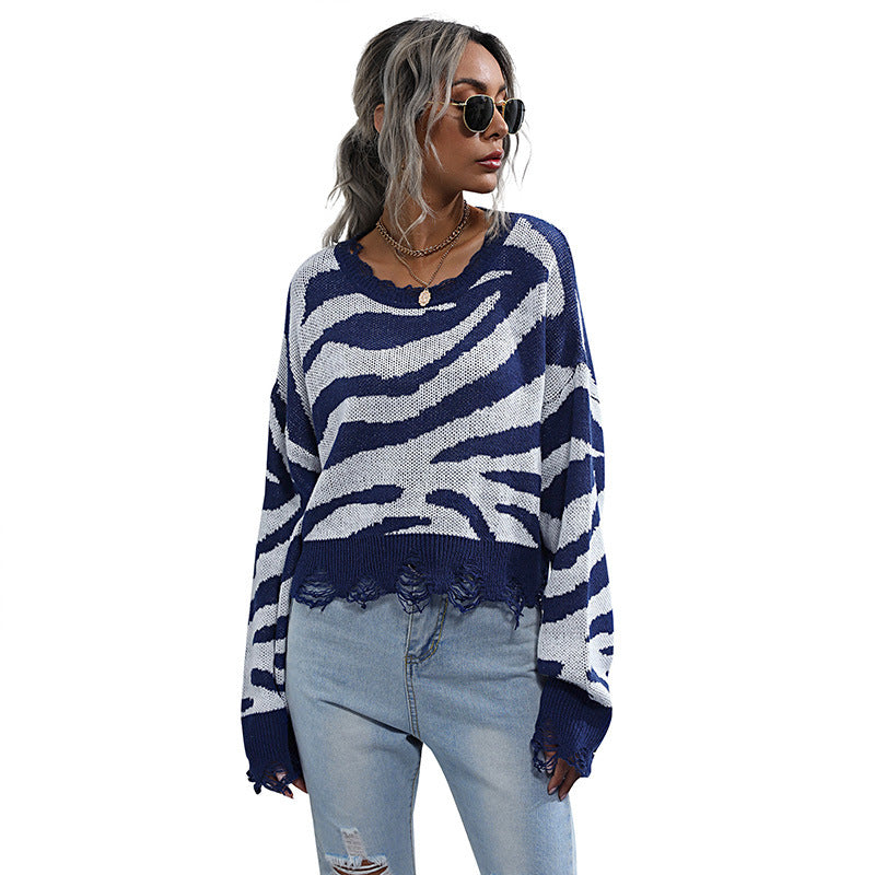 Damen lässiger Pullover mit Zebra-Muster und weitem Schnitt Drune