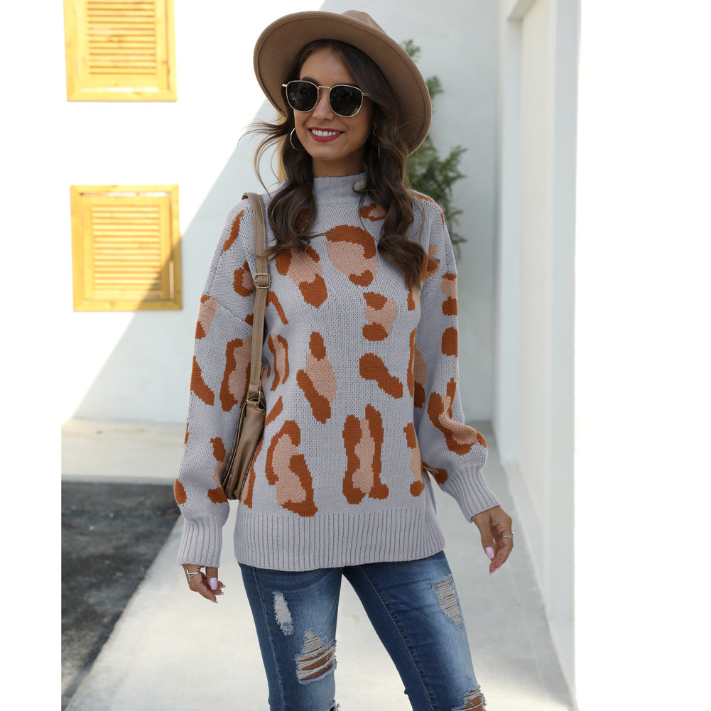 Damen modischer Pullover im trendigen Tierprint-Design mit hohem Kragen Drune