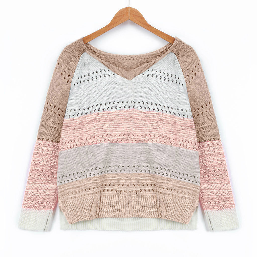 Damen Strickpullover mit V-Ausschnitt und zarten Lochmustern Drune