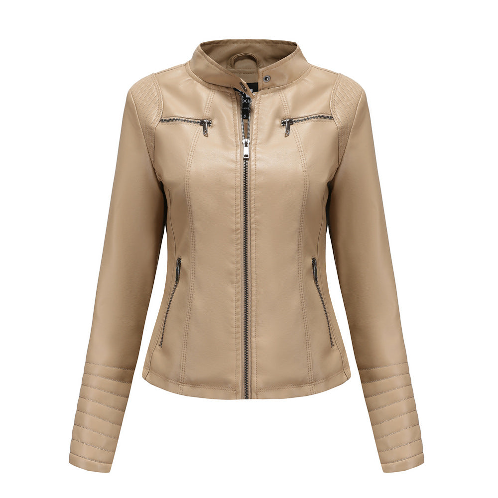 Damen nan taillierte Bikerjacke aus Kunstleder mit Stehkragen und gesteppter Ärmelpartie Drune