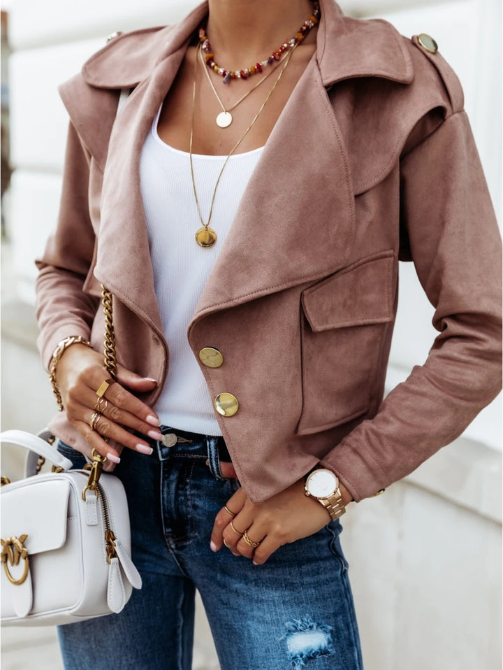 Damen Bikerjacke aus weichem Wildlederimitat mit stylishen Metallknöpfen und praktischen Taschen Drune