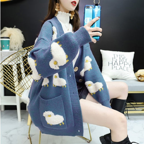 Damen Strickjacke mit verspieltem Schafmotiv und großen Knöpfen Drune