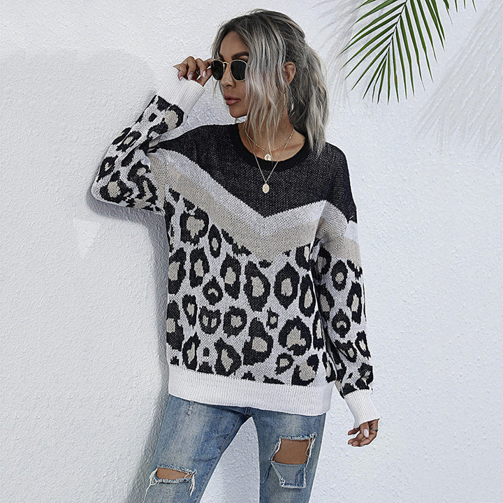 Damen modischer Strickpullover mit Leopardenmuster und grafischem Design Drune