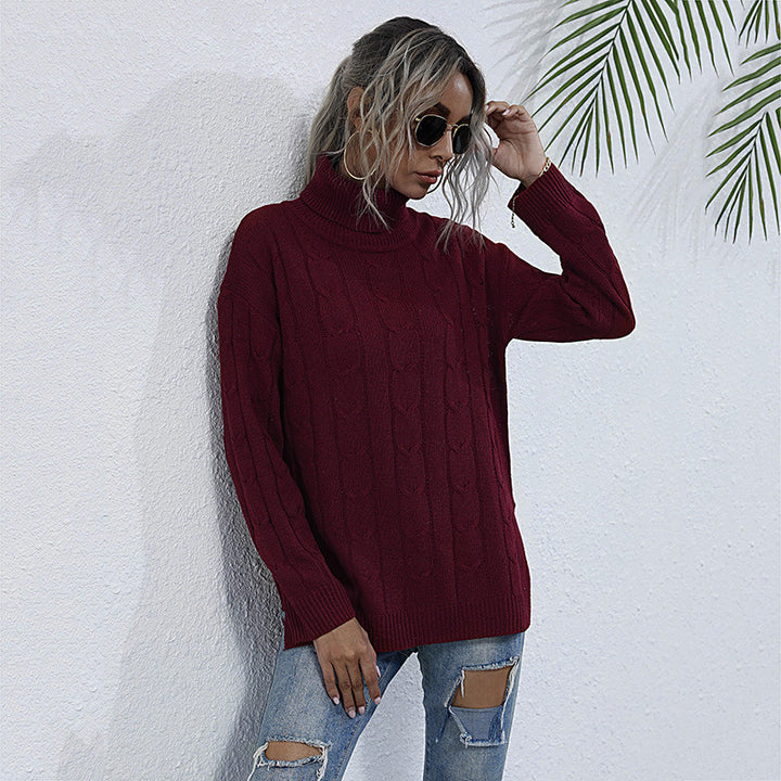Damen Grobstrick Pullover mit Stehkragen Drune