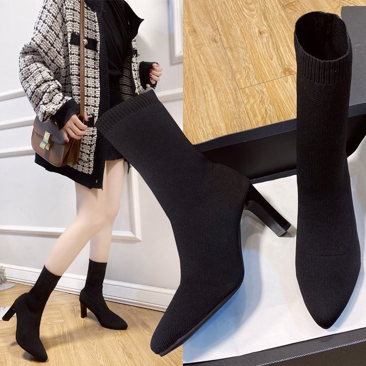 Damen nan gestrickte Sock-Boots mit spitzer Zehenpartie elastischem Schaft und mittelhohem Blockabsatz Drune