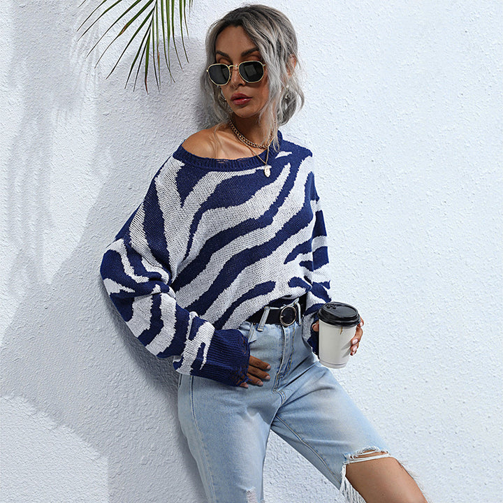 Damen lässiger Pullover mit Zebra-Muster und weitem Schnitt Drune