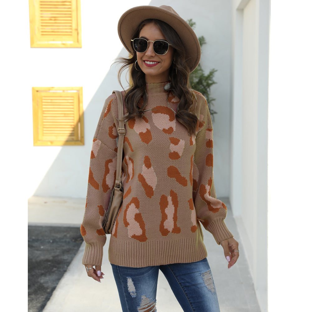 Damen modischer Pullover im trendigen Tierprint-Design mit hohem Kragen Drune