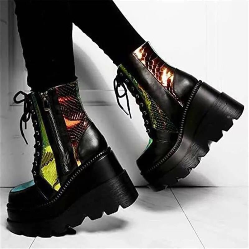 Damen Hochformatige Plateau-Schnürstiefel mit Kunstleder und reflektierenden Akzenten Drune