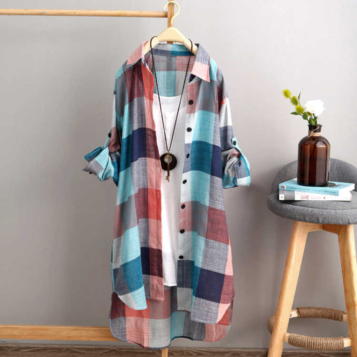 Damen lässige Karobluse im Oversized-Schnitt mit praktischen Taschen Drune