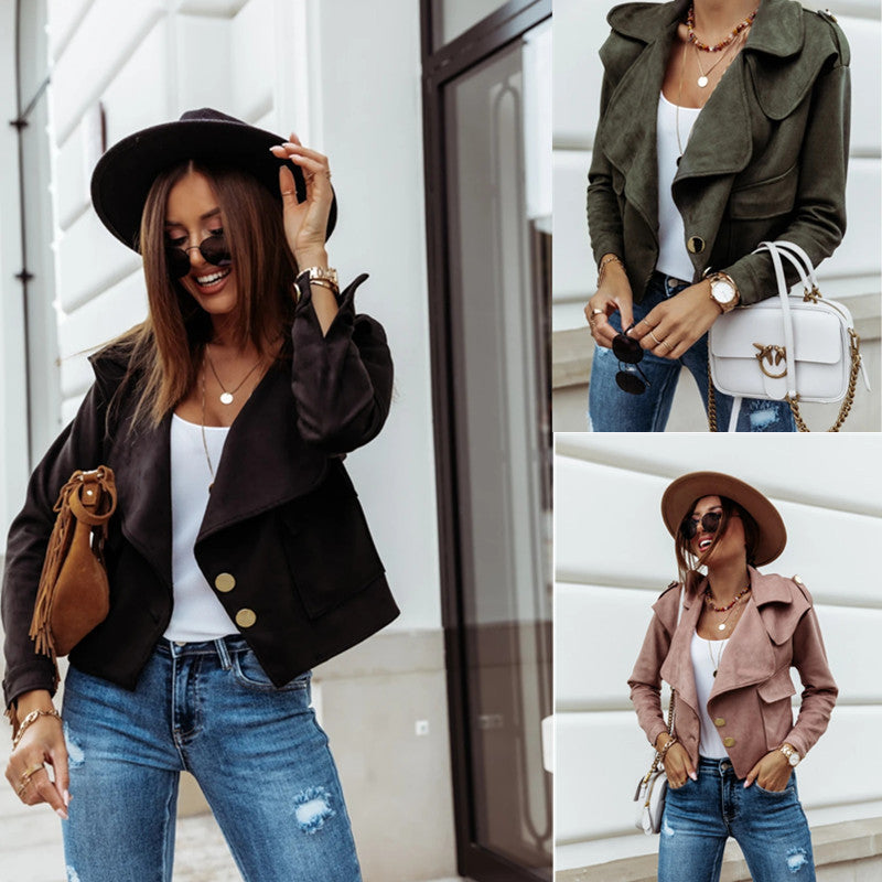 Damen Bikerjacke aus weichem Wildlederimitat mit stylishen Metallknöpfen und praktischen Taschen Drune