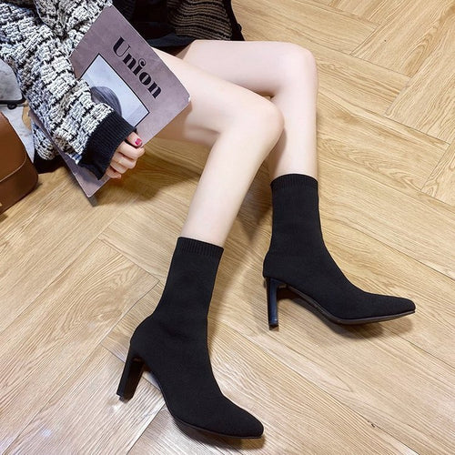 Damen nan gestrickte Sock-Boots mit spitzer Zehenpartie elastischem Schaft und mittelhohem Blockabsatz Drune