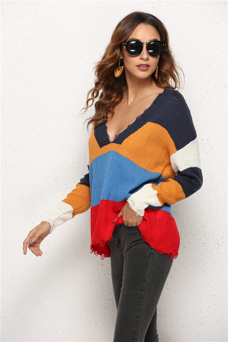 Damen lässiger Strickpullover mit tiefem V-Ausschnitt und modischem Streifenmuster Drune