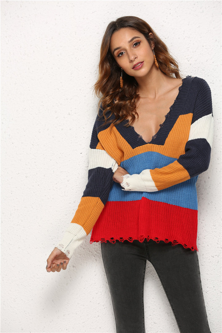 Damen lässiger Strickpullover mit tiefem V-Ausschnitt und modischem Streifenmuster Drune