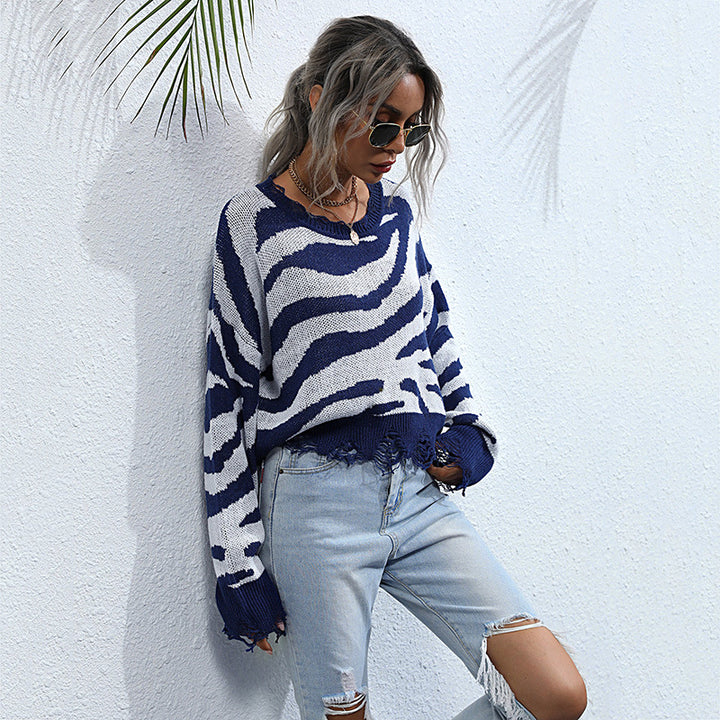 Damen lässiger Pullover mit Zebra-Muster und weitem Schnitt Drune