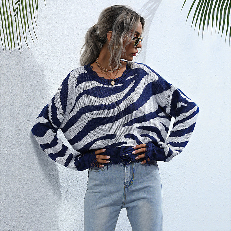 Damen lässiger Pullover mit Zebra-Muster und weitem Schnitt Drune