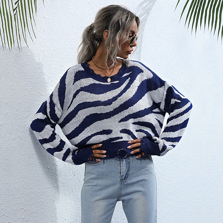 Damen lässiger Pullover mit Zebra-Muster und weitem Schnitt Drune