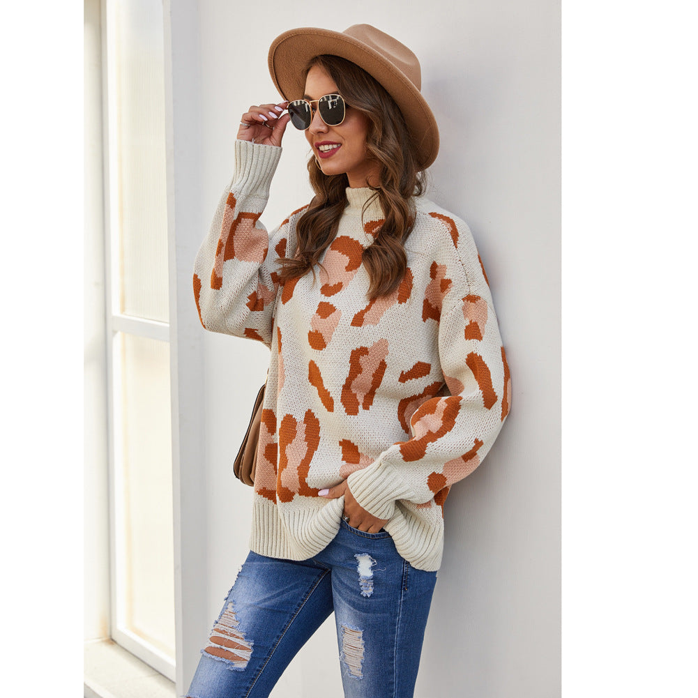 Damen modischer Pullover im trendigen Tierprint-Design mit hohem Kragen Drune